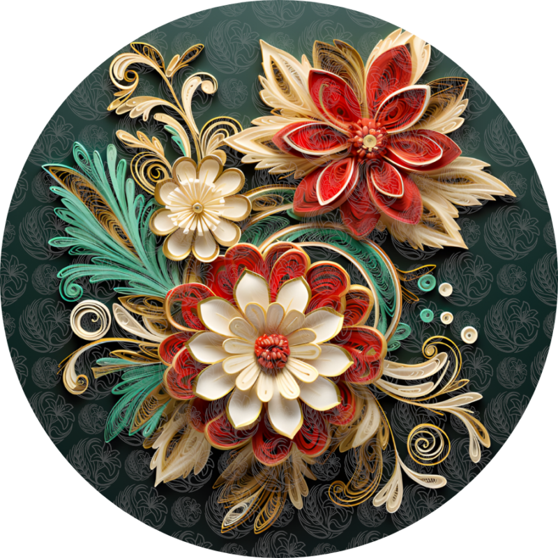 paper art floral bouquet featuring red cream and teal quilled flowers on dark green background, Grey Barn Handwerk, Saskatchewan.